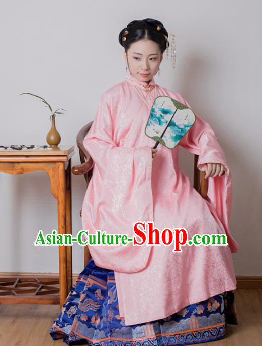 Asian China Ming Dynasty Princess Costume Pink Robe, Traditional Ancient Chinese Palace Lady Embroidered Hanfu Clothing for Women