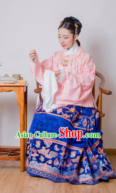 Asian China Ming Dynasty Princess Costume Pink Blouse, Traditional Ancient Chinese Palace Lady Embroidered Hanfu Clothing for Women