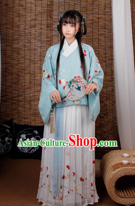Asian China Ming Dynasty Princess Costume Green Blouse and Skirt, Traditional Ancient Chinese Palace Lady Hanfu Embroidered Clothing for Women