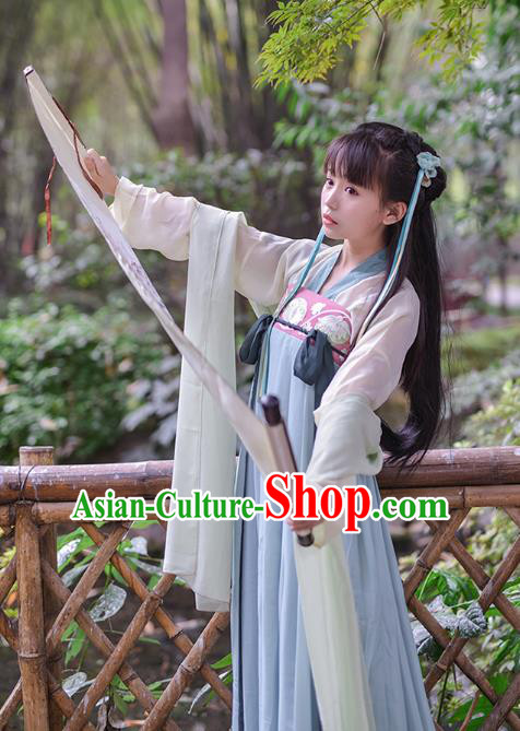 Asian China Tang Dynasty Princess Costume, Traditional Ancient Chinese Palace Lady Embroidered Hanfu Blue Slip Skirt Clothing for Women