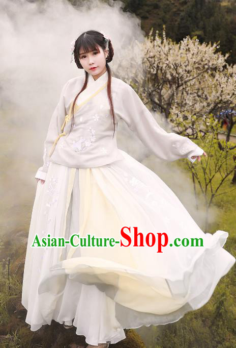 Asian China Ming Dynasty Princess Costume White Blouse and Skirt, Traditional Ancient Chinese Palace Lady Hanfu Embroidered Clothing for Women