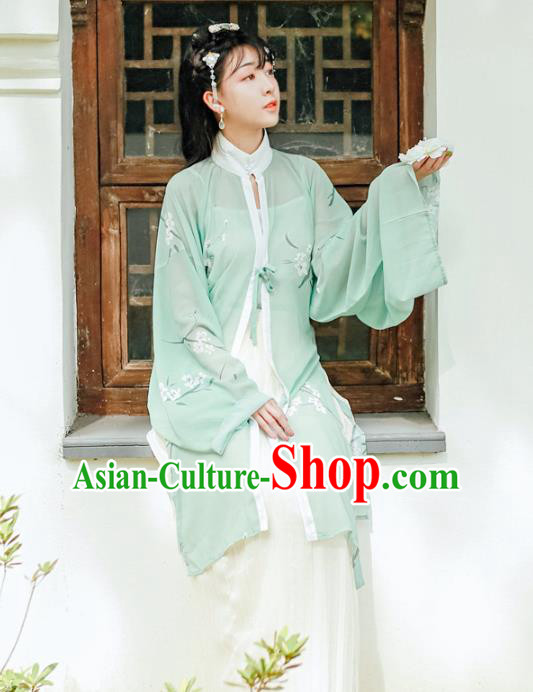 Asian China Ming Dynasty Princess Costume Green Long Blouse, Traditional Ancient Chinese Palace Lady Hanfu Embroidered Shirt Clothing for Women