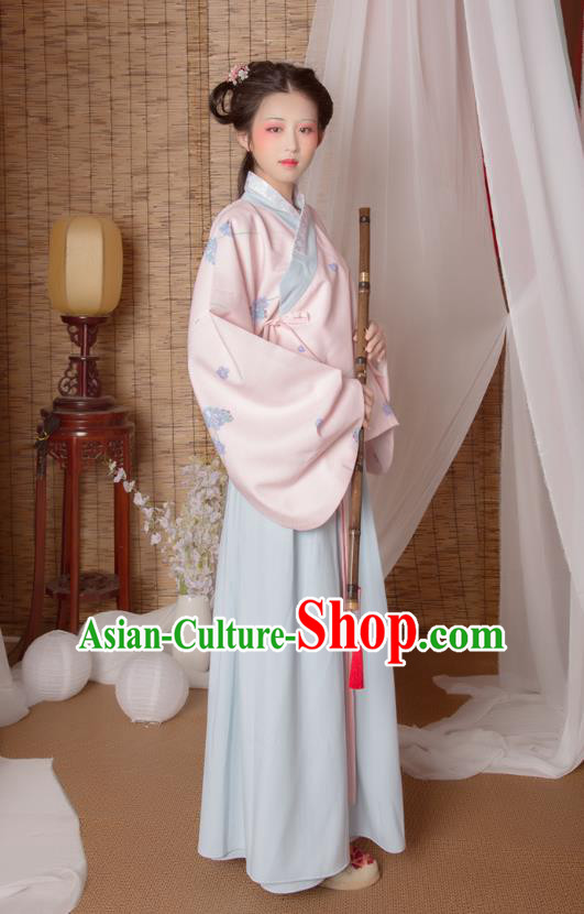 Asian China Ming Dynasty Princess Costume Pink Blouse and Skirt, Traditional Ancient Chinese Palace Lady Hanfu Embroidered Clothing for Women