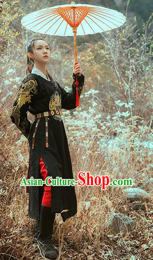 Asian China Ming Dynasty Costume Black Robe, Traditional Ancient Chinese Swordsman Hanfu Embroidered Clothing for Women