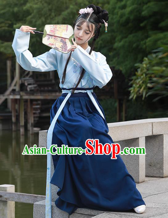 Asian China Ming Dynasty Imperial Princess Costume, Traditional Ancient Chinese Hanfu Embroidered Blouse and Skirt Clothing for Women