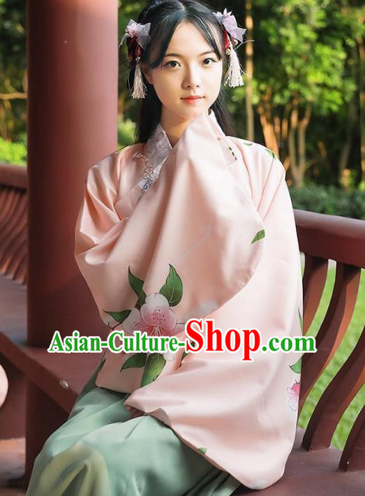 Asian China Ming Dynasty Palace Lady Costume Slant Opening Pink Blouse, Traditional Ancient Chinese Princess Hanfu Embroidered Clothing for Women