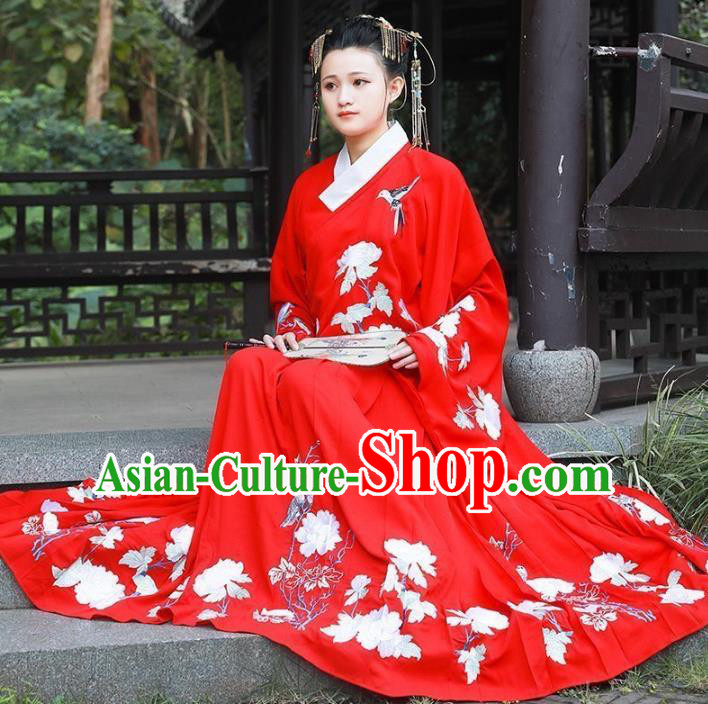 Asian China Ming Dynasty Bride Wedding Costume, Traditional Ancient Chinese Palace Lady Hanfu Red Clothing for Women