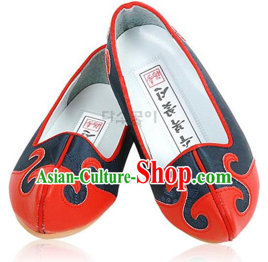 Traditional Korean National Embroidered Deep Blue Shoes, Asian Korean Hanbok Children Shoes for Boys