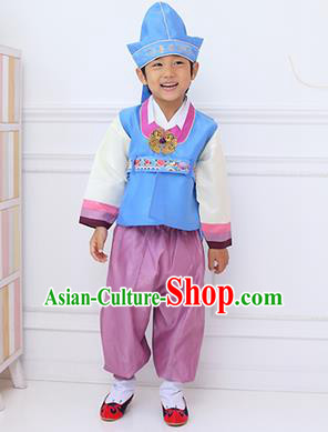 Traditional Korean Handmade Hanbok Embroidered Boy Blue Clothing, Asian Korean Fashion Apparel Hanbok Embroidery Costume for Kids