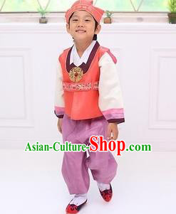 Traditional Korean Handmade Hanbok Embroidered Boy Orange Clothing, Asian Korean Fashion Apparel Hanbok Embroidery Costume for Kids