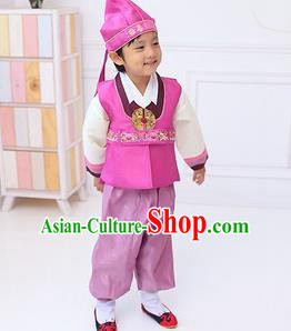 Traditional Korean Handmade Hanbok Embroidered Boy Pink Clothing, Asian Korean Fashion Apparel Hanbok Embroidery Costume for Kids