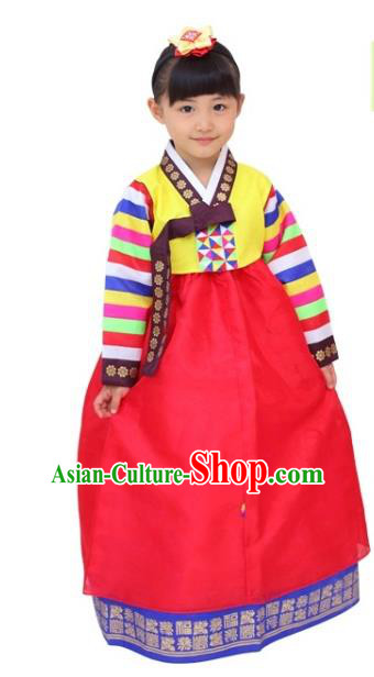 Traditional Korean Handmade Hanbok Embroidered Girls Clothing, Asian Korean Fashion Apparel Hanbok Embroidery Yellow Blouse Costume for Kids