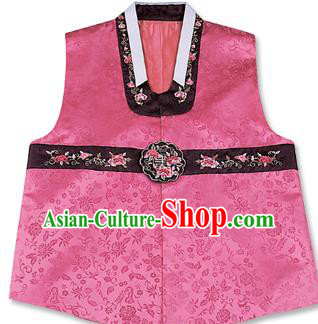 Traditional Korean Handmade Hanbok Embroidered Pink Vest, Asian Korean Apparel Hanbok Embroidery Bridegroom Waistcoat for Men