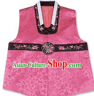 Traditional Korean Handmade Hanbok Embroidered Pink Vest, Asian Korean Apparel Hanbok Embroidery Bridegroom Waistcoat for Men