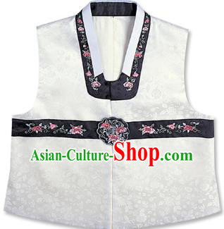 Traditional Korean Handmade Hanbok Embroidered White Vest, Asian Korean Apparel Hanbok Embroidery Bridegroom Waistcoat for Men