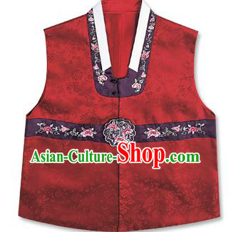 Traditional Korean Handmade Hanbok Embroidered Red Vest, Asian Korean Apparel Hanbok Embroidery Bridegroom Waistcoat for Men