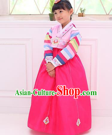 Traditional Korean National Girls Handmade Court Embroidered Clothing, Asian Korean Apparel Hanbok Embroidery Pink Dress Costume for Kids