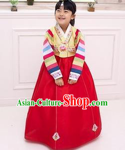 Traditional Korean National Girls Handmade Court Embroidered Clothing, Asian Korean Apparel Hanbok Embroidery Yellow Costume for Kids