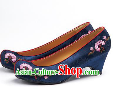 Traditional Korean National Navy Embroidered Shoes, Asian Korean Hanbok Bride High-heeled Shoes for Women