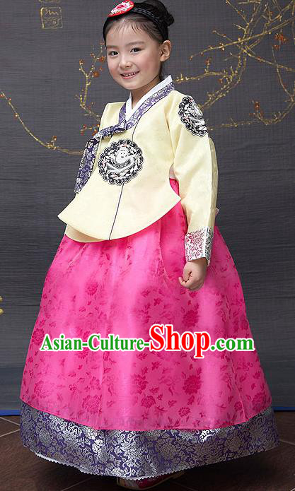 Traditional Korean National Top Grade Handmade Court Embroidered Clothing, Asian Korean Bride Hanbok Yellow Blouse and Pink Dress for Kids