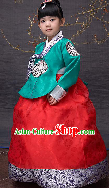 Traditional Korean National Top Grade Handmade Court Embroidered Clothing, Asian Korean Bride Hanbok Green Blouse and Red Dress for Kids