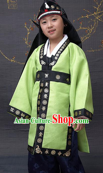 Traditional Korean National Top Grade Handmade Court Embroidered Costume, Asian Korean Boys Green Hanbok Clothing for Kids