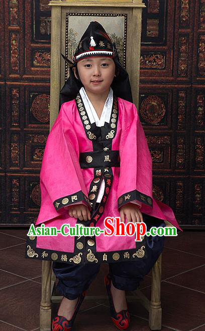 Traditional Korean National Top Grade Handmade Court Embroidered Costume, Asian Korean Boys Rosy Hanbok Clothing for Kids