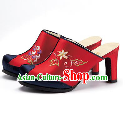 Traditional Korean National Red Embroidered Shoes, Asian Korean Hanbok Bride High-heeled Shoes for Women