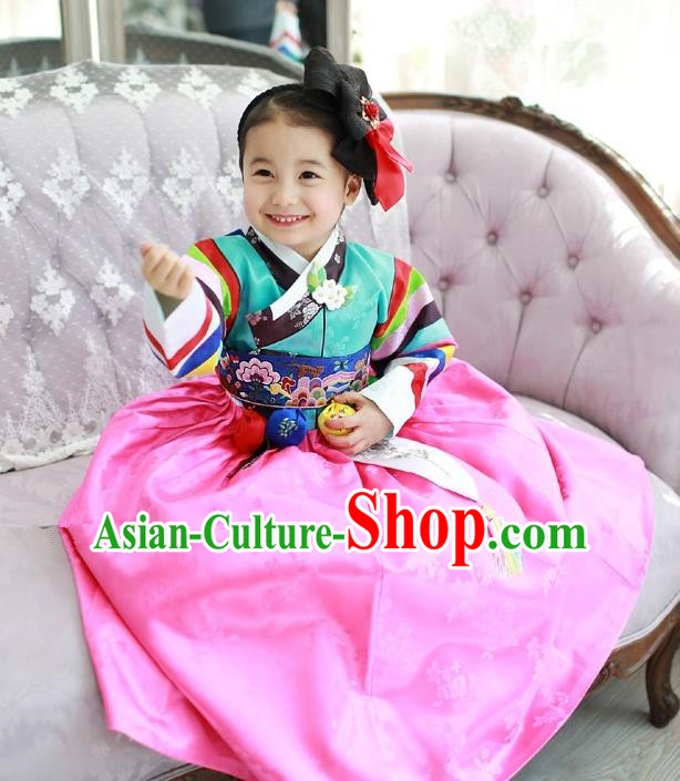 Traditional Korean National Handmade Court Embroidered Costume Green Blouse and Pink Dress, Asian Korean Hanbok Clothing for Kids