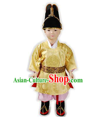 Traditional Korean National Handmade Court Embroidered Costume Boys Emperor Yellow Robe, Asian Korean Hanbok Clothing for Kids