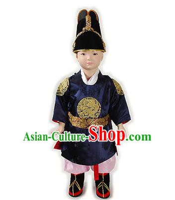 Traditional Korean National Handmade Court Embroidered Costume Boys Emperor Navy Robe, Asian Korean Hanbok Clothing for Kids