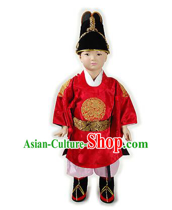 Traditional Korean National Handmade Court Embroidered Costume Boys Emperor Red Robe, Asian Korean Hanbok Clothing for Kids