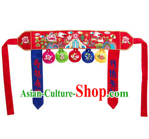 Traditional Korean Accessories Embroidered Red Belts, Asian Korean Fashion National Waistband for Kids