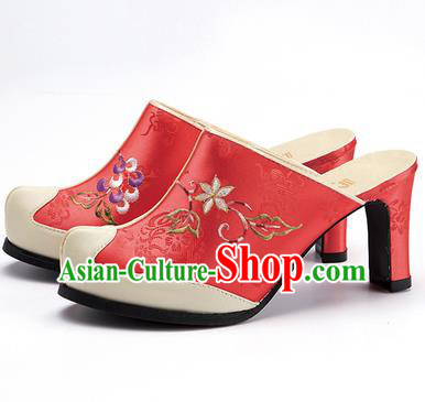 Traditional Korean National Wedding Watermelon Red Embroidered Shoes, Asian Korean Hanbok Bride High-heeled Shoes for Women