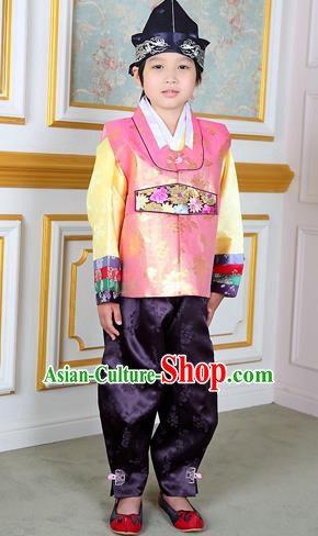 Traditional Korean National Handmade Court Embroidered Pink Costume, Asian Korean Boys Hanbok Clothing for Kids