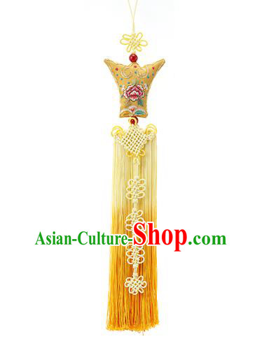 Traditional Korean Accessories Embroidered Waist Pendant, Asian Korean Fashion Wedding Yellow Tassel Waist Decorations for Women