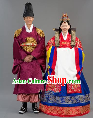 Traditional Korean National Handmade Court Embroidered Wedding Clothing, Asian Korean Bride Red Dress Costume for Women