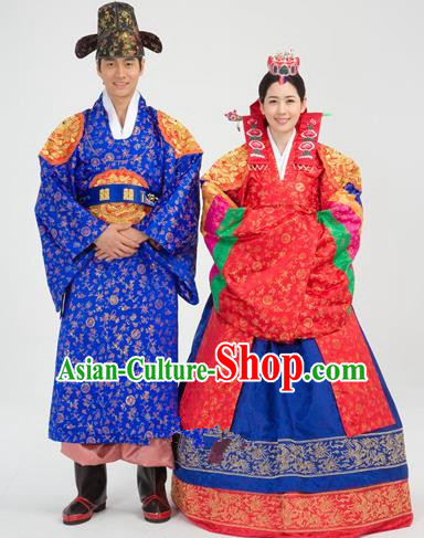 Traditional Korean National Handmade Court Embroidered Wedding Red Clothing, Asian Korean Bride Costume for Women