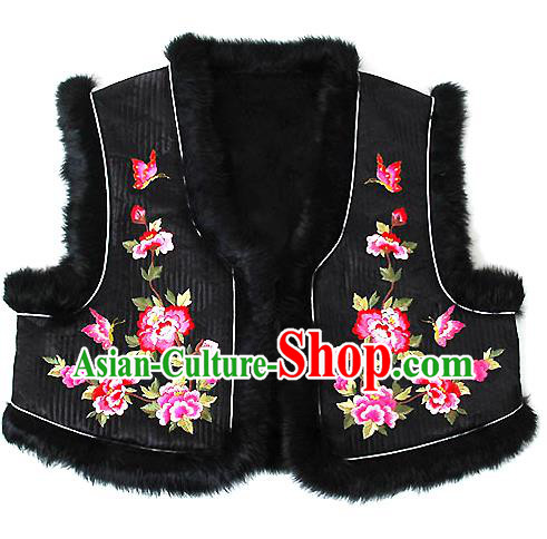 Traditional Korean National Handmade Court Embroidered Peony Black Vest, Asian Korean Bride Waistcoat Costume for Kids