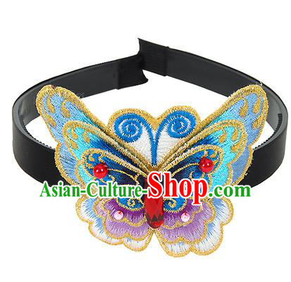 Traditional Korean Hair Accessories Embroidered Blue Butterfly Hair Clasp, Asian Korean Fashion Wedding Headwear for Kids