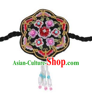 Traditional Korean Hair Accessories Embroidered Black Hair Clasp, Asian Korean Fashion Wedding Headband for Kids