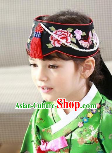 Traditional Korean Hair Accessories Embroidered Hat, Asian Korean Fashion Wedding Black Headband for Kids