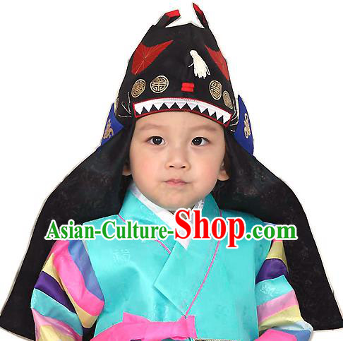 Traditional Korean Hair Accessories Embroidered Hat, Asian Korean Fashion Prince Black Hats for Kids