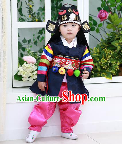 Traditional Korean National Handmade Court Embroidered Prince Costume, Asian Korean Boys Black Hanbok Clothing for Kids