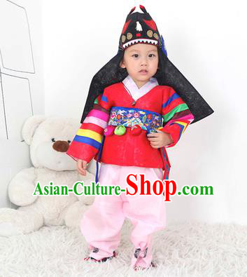 Traditional Korean Handmade Hanbok Embroidered Red Costume, Asian Korean Apparel Hanbok Embroidery Clothing for Boys