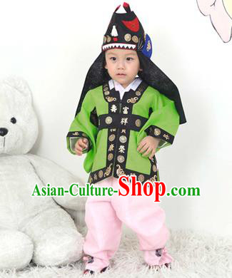 Traditional Korean Handmade Hanbok Embroidered Green Costume and Hats, Asian Korean Apparel Hanbok Embroidery Clothing for Boys