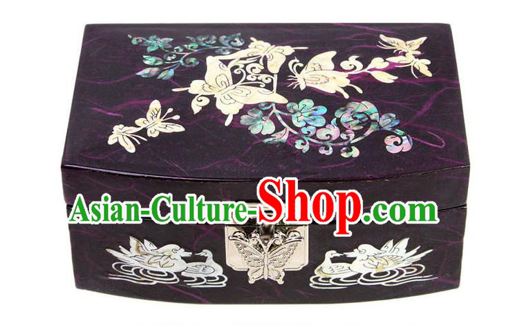 Traditional Korean Craft Handmade Printing Crane Purple Shell Cosmetic Container, Asian Korean Wedding Jewellery Box for Women