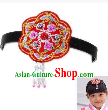 Traditional Korean Hair Accessories Embroidered Flowers Red Hair Clasp, Asian Korean Fashion Headwear Headband for Kids
