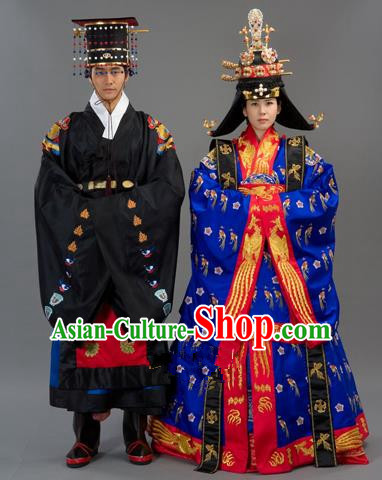 Traditional Korean Handmade Formal Occasions Court Wedding Costume Complete Set, Asian Korean Apparel Bride and Bridegroom Hanbok Clothing