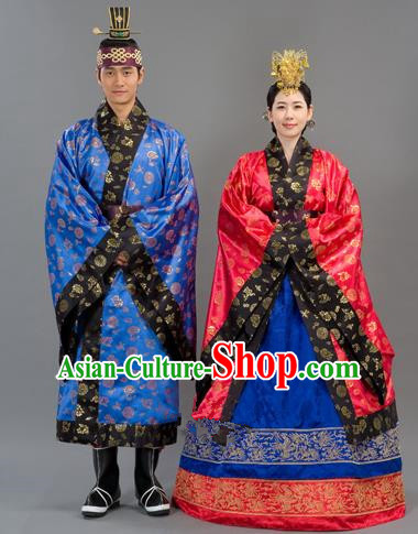 Traditional Korean Handmade Formal Occasions Embroidered Wedding Costume Complete Set, Asian Korean Apparel Bride and Bridegroom Hanbok Clothing